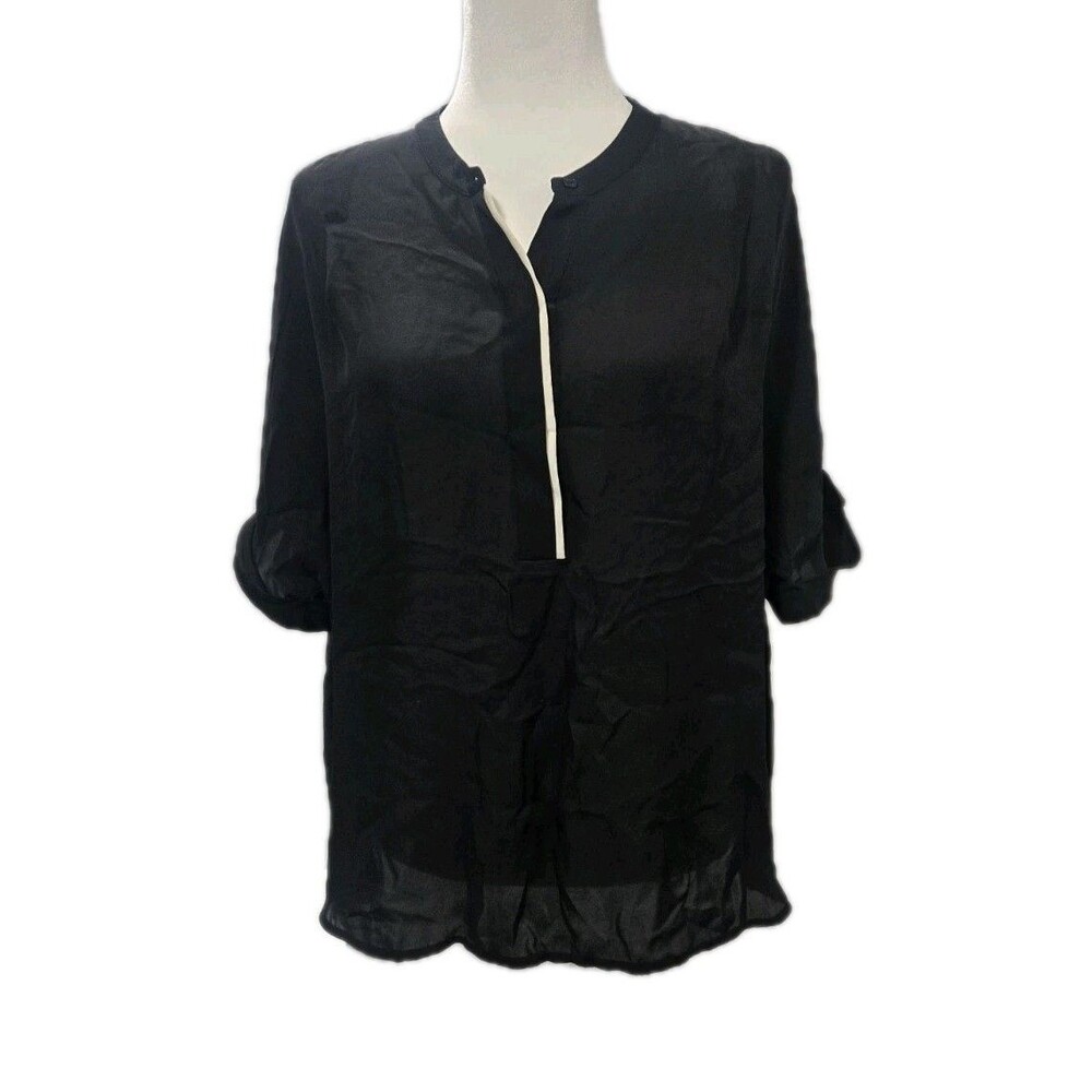 Vince 100% Silk Black Mandarin Collar Blouse White Placket Trim Size Medium